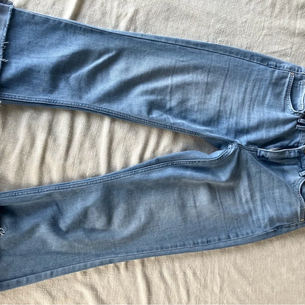 Sam Edelman Blue stiletto crop boot hi rise fringe jeans fade